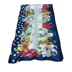 Charter club 100% silk navy blue polka dot striped lily rose floral scarf